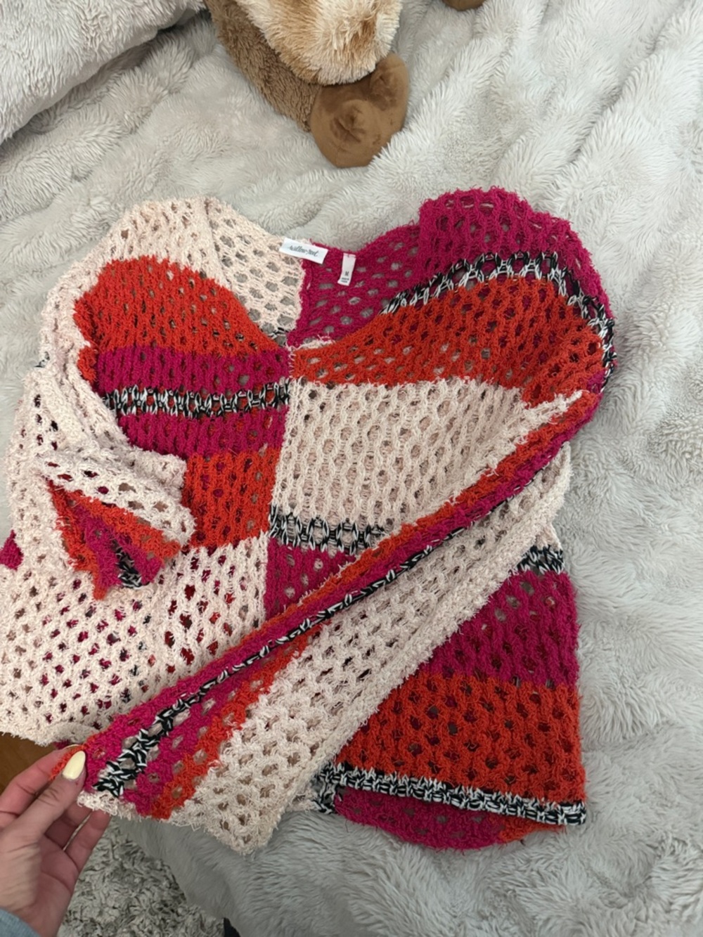 Open-Knit Colorblock Scoop Sweater - Pink, Red & Cream - Picture 5 of 6